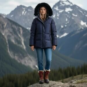 LAUREN RALPH LAUREN Navy Blue Down Puffer Faux Fur Lined Hood Long Jacket Small